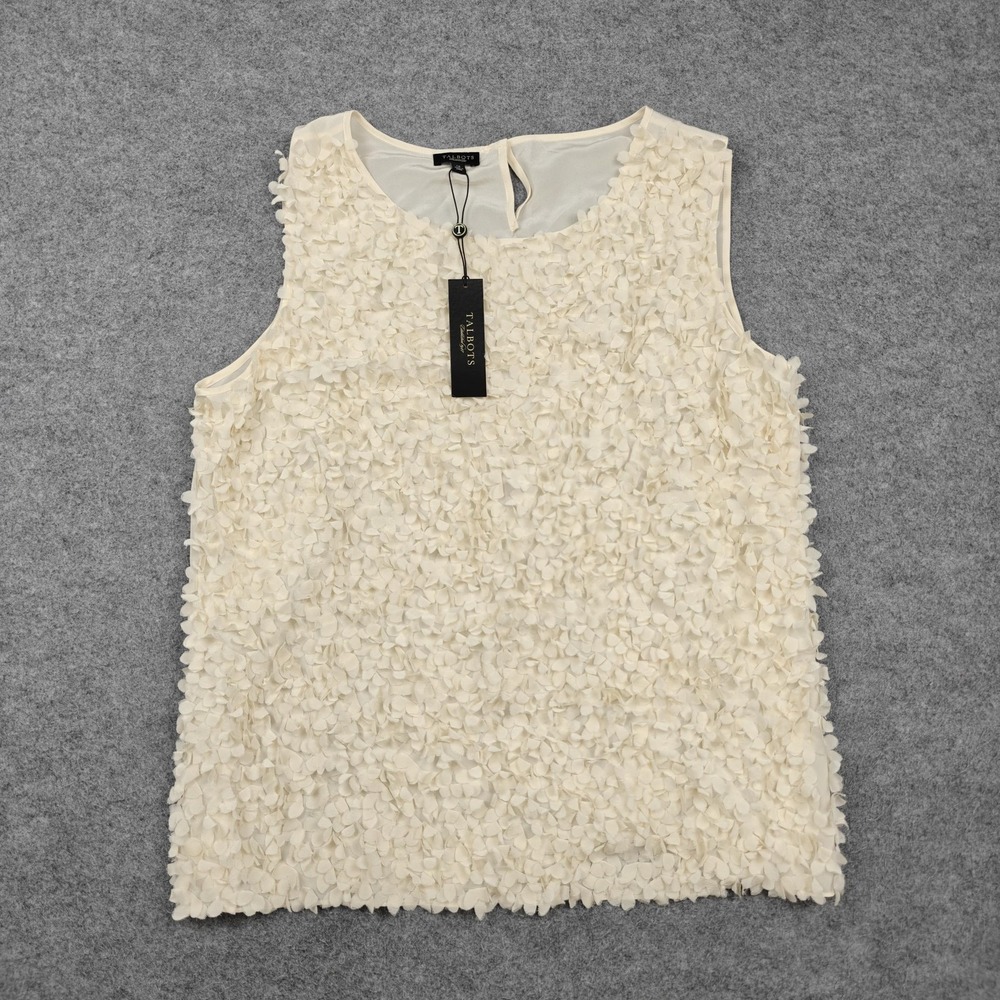 Talbots Blouse Womens 14 White 100% Silk Floral Applique Sleeveless Top New